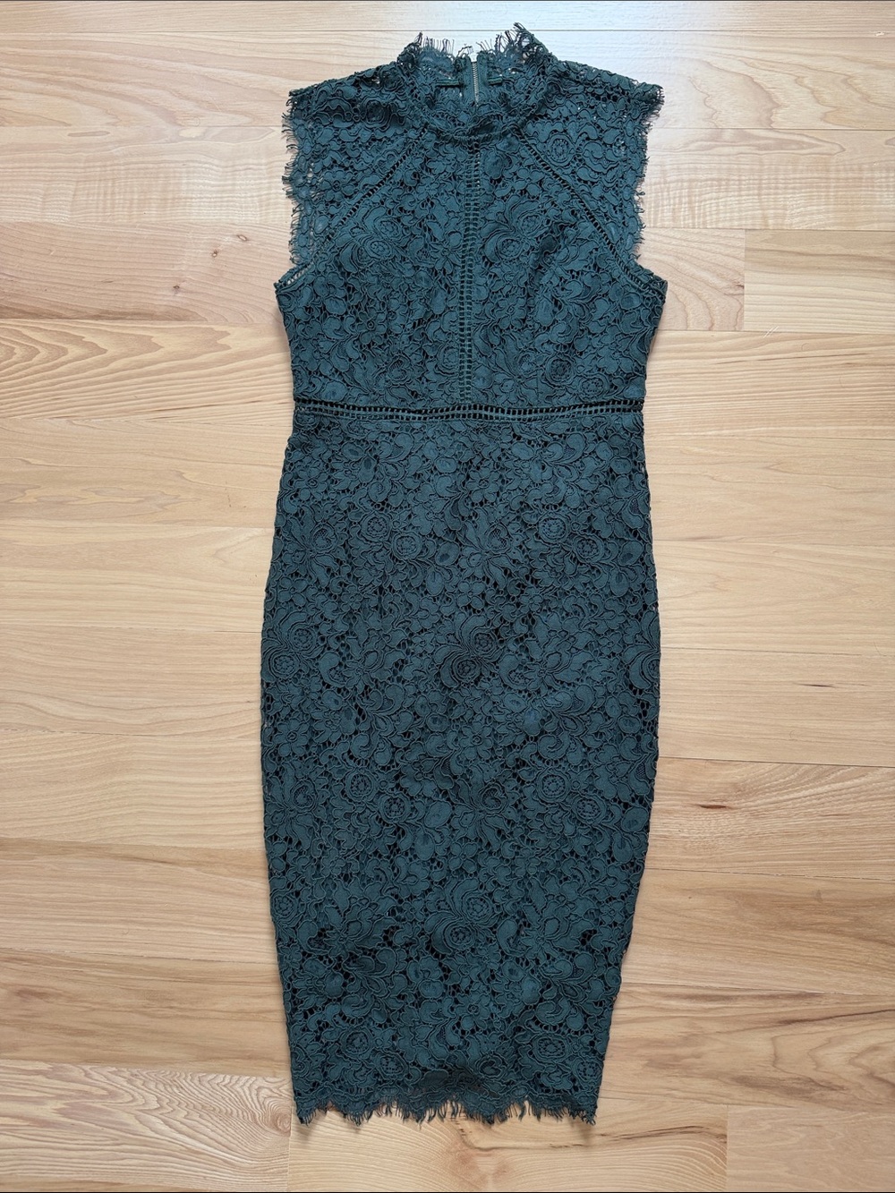 Bardot Dark Green High-Neck Lace Midi Dress